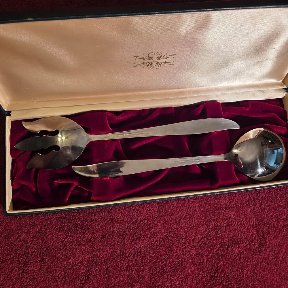 Vintage Nasco Starette Stainless Salad Serving Set 2pc Atomic Star Japan Boxed